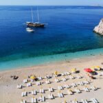 Aerial view of Kaputas Beach in Antalya, Türkiye, showcasing turquoise waters and sunbathers.